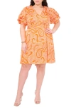 1.state Abstract Print Bubble Sleeve Minidress In Russet Orange