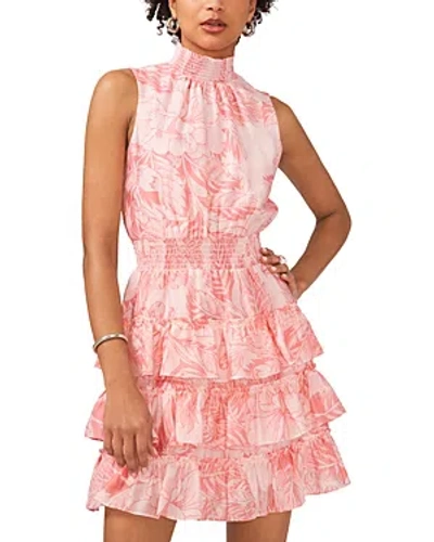1.state Women's Floral Smocked Sleeveless Mock Neck Tiered Mini Dress In Rose Gauze
