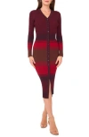 1.state Stripe Long Sleeve Button Front Sweater Dress In Burgundy