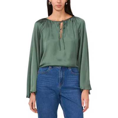 1.state Tie Neck Wide Sleeve Satin Top In Green