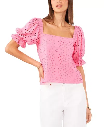 1.state Top Women Pink Eyelet Ruffle Cuffs Puff-sleeve Square Neck Fts1163