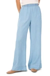 1.state Womens Chambray Johnny Collar Top Chambray Drawstring Wide Leg Pants In Blue