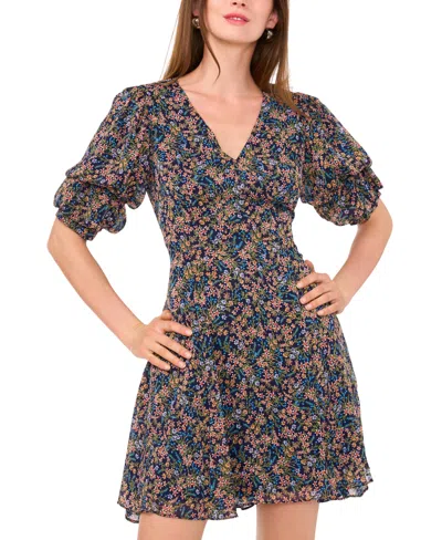 1.state Women's Bubble-sleeve Back-cutout Floral Mini Dress In Classic Navy