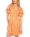1.state Abstract Print Bubble Sleeve Minidress In Russet Orange