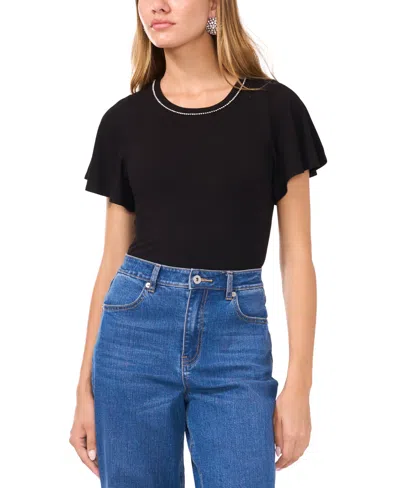 1.state Women's Embellished-neck Flutter-sleeve T-shirt In Rich Black