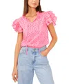 1.STATE WOMEN'S EYELET EMBROIDERED COTTON TIE NECK SHORT FLUTTER-SLEEVE BLOUSE