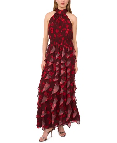 1.state Women's Flounce Cascading Halter Neck Maxi Dress In Red