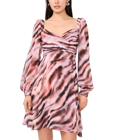 1.state Women's Printed Long Sleeve Mini Dress In Brown