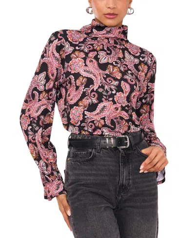 1.state Women's Printed Long-sleeve Open-back Blouse In Rich Black