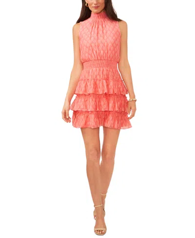 1.state Women's Printed Smocked Ruffled Sleeveless Fit & Flare Dress In Shell Pink