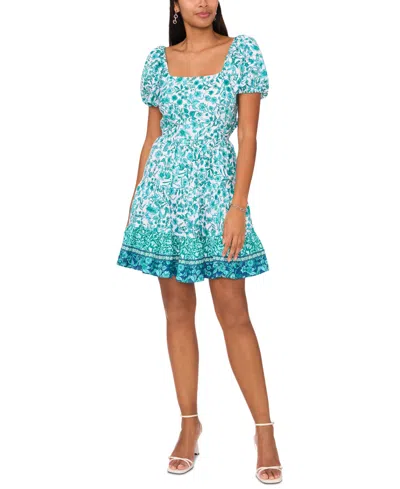 1.state Women's Printed Tie-back Fit & Flare Dress In White,teal