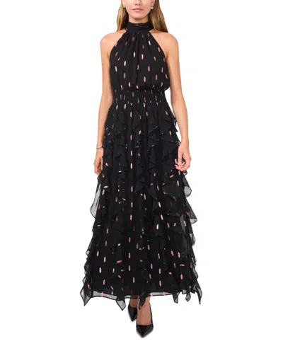 1.state Women's Print Smocked Cascade-ruffle Halter Maxi Dress In Rich Black