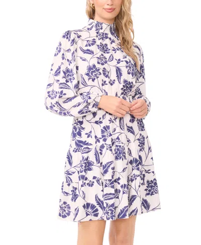 1.state Women's Smocked Mock Neck Long-sleeve Mini Dress In Blue