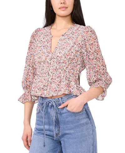 1.state Women's Smocked Waist 3/4-sleeve Button Down Blouse In White