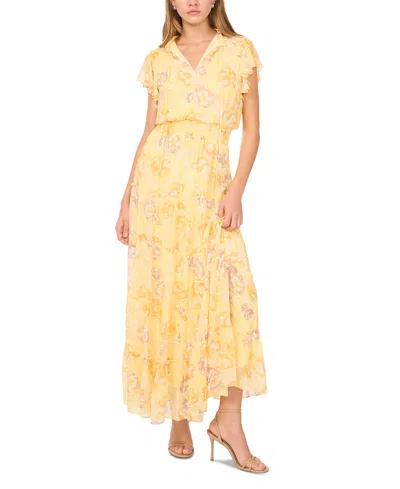 1.state Women's Tiered Floral-print Flutter-sleeve Maxi Dress In Lemon Meringue