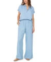 1.state Womens Chambray Johnny Collar Top Chambray Drawstring Wide Leg Pants In Angel Blue