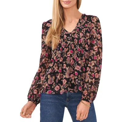 1.state Womens Floral Neck Pleated Pullover Top In Multi