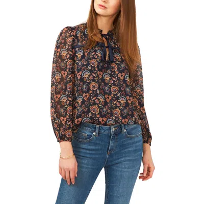 1.state Womens Floral Print Tie Neck Blouse