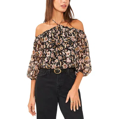 1.state Women's Printed High-neck Long-sleeve Blouse In Rich Black