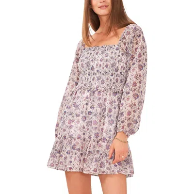 1.state Womens Smocked Bodice Long Sleeve Babydoll Dress In Multi