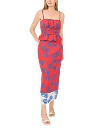 1.state Womens Smocked Bodice Top Printed Midi Skirt In Red