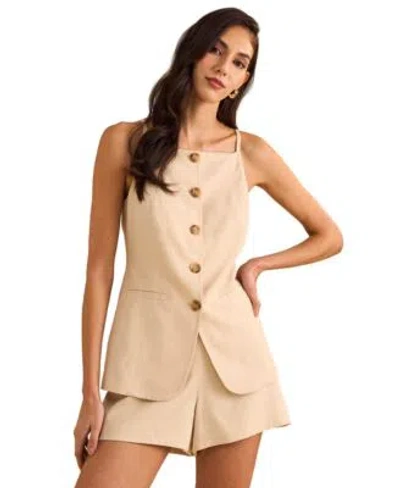 1.state Womens Square Neck Button Front Long Vest Pleated Shorts In Sand