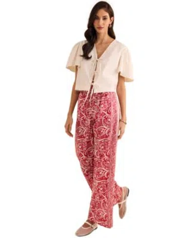 1.state Womens Tie Front Flutter Sleeve Blouse Printed Wide Leg Pull On Pants In Magenta