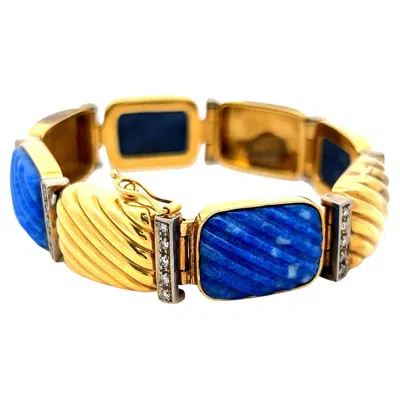Pre-owned 1stdibs 0.88 Carat Round Brilliant Diamond Lapis Lazuli 18k Yellow Gold Link Bracelet