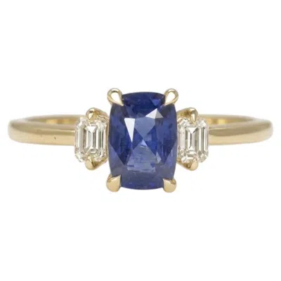 Pre-owned 1stdibs 1 Carat Sapphire Emerald Cut Diamond Three Stone 14k Yellow Gold Ring