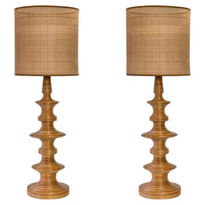 Pre-owned 1stdibs 1 Of The 2 Stacked Rattan Totem Taper Lamp, Custom Rattan Lampshade By R. Houben In Brown
