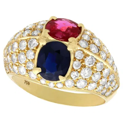 Pre-owned 1stdibs 1.35 Carat Ruby And 1.28 Carat Sapphire 1.75 Carat Diamond And Yellow Gold Ring