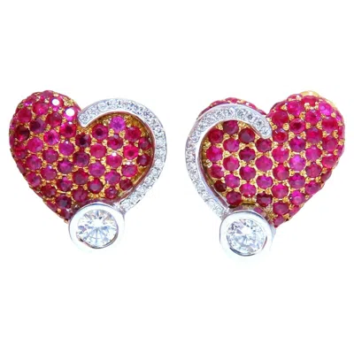 Pre-owned 1stdibs 1.44ct Natural Ruby Diamonds Heart Earrings 14kt Yellow Gold*