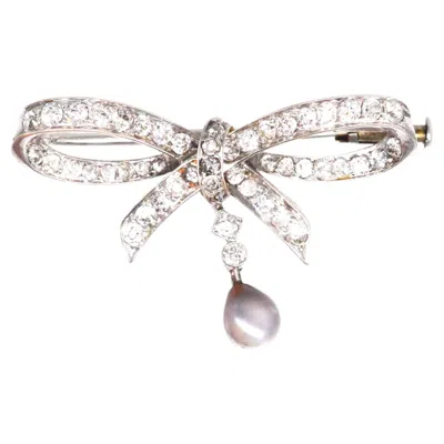 Pre-owned 1stdibs 14ct White Gold Diamond & Grey Pearl Bow Brooch, Early 20th Century