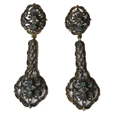 Pre-owned 1stdibs 14k Gold And Sterling Silver Emerald Dangle Earrings In Green