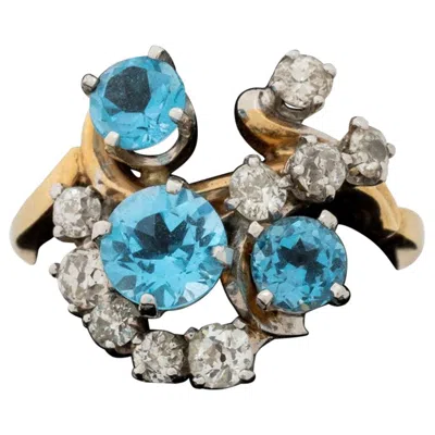 Pre-owned 1stdibs 14k Gold Blue Topaz Diamond Ring, 20th Century, Size 8.25