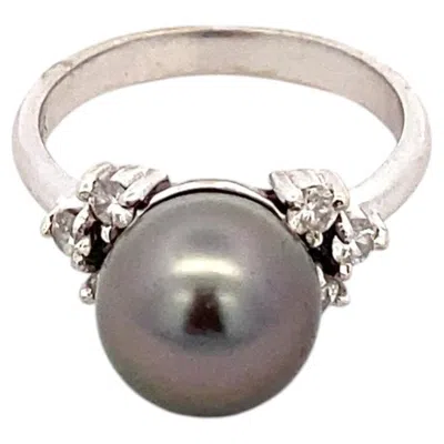 Pre-owned 1stdibs 14k White Gold 10mm Black South Sea Pearl Diamond Ring 0.30 Carats