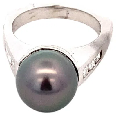 Pre-owned 1stdibs 14k White Gold 10mm Black South Sea Pearl Diamond Ring 0.30 Carats