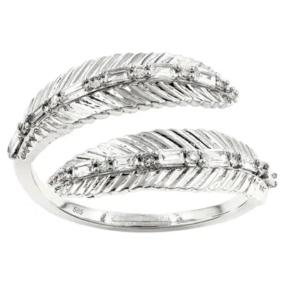 Pre-owned 1stdibs 14k White Gold Baguette And Round Cut Diamond Feather Bypass Ring