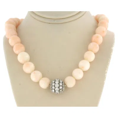 Pre-owned 1stdibs 14k White Gold Diamond Clasp Necklace With Pink Opal Beads, 2.10ct