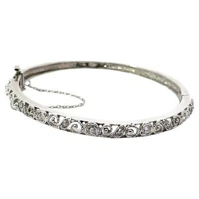 Pre-owned 1stdibs 14k White Gold Diamond Hinged Open Work Bangle Bracelet W/ Safety Chain