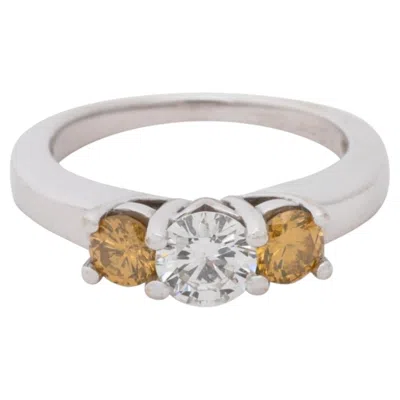 Pre-owned 1stdibs 14k White Gold Diamond With Yellow Diamonds Three-stone Ring