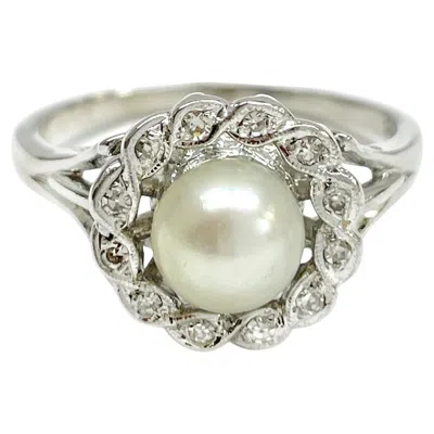 Pre-owned 1stdibs 14k White Gold Retro Pearl Diamond Halo Ring, Size 10.25, Usa