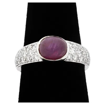 Pre-owned 1stdibs 14k White Gold Ruby Cabochon And Diamond Ring, 20th Century, Unisex
