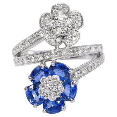 Pre-owned 1stdibs 14k White Gold Sapphire And Diamond Bypass Flower Ring