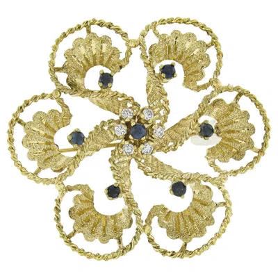Pre-owned 1stdibs 14k Yellow Gold 0.73ctw Sapphire & Diamond Textured Detailed Open Flower Brooch