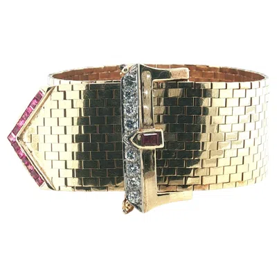 Pre-owned 1stdibs 14k Yellow Gold Adjustable "buckle" Bracelet With Diamond And Rubies, Vintage