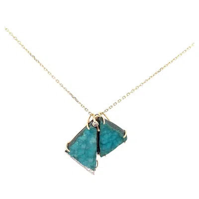 Pre-owned 1stdibs 14k Yellow Gold Chrysocolla & Druzy Quartz Diamond Pendant Necklace