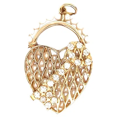 Pre-owned 1stdibs 14k Yellow Gold Diamond And Cultured Pearl Heart Enchancer Pendant Brooch