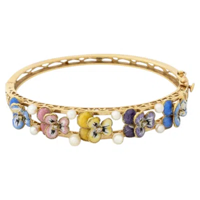 Pre-owned 1stdibs 14k Yellow Gold Diamond Enamel Pearl Bangle With Floral Design