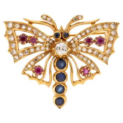Pre-owned 1stdibs 14k Yellow Gold Diamond Ruby Sapphire Butterfly Brooch, 20th Century